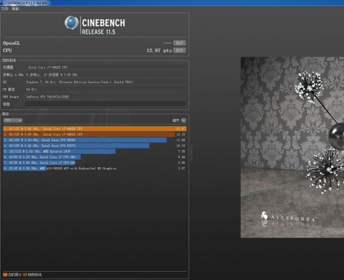 i7 4960XOC后Cinebench R11.5测试成绩。OC到4.6GHz后，处理器性能相比默认状态基本呈线性增长。