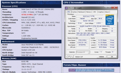 终经多次测试，我们成功地将处理器外频提升到197.08MHz，并完成了CPU-Z认证。